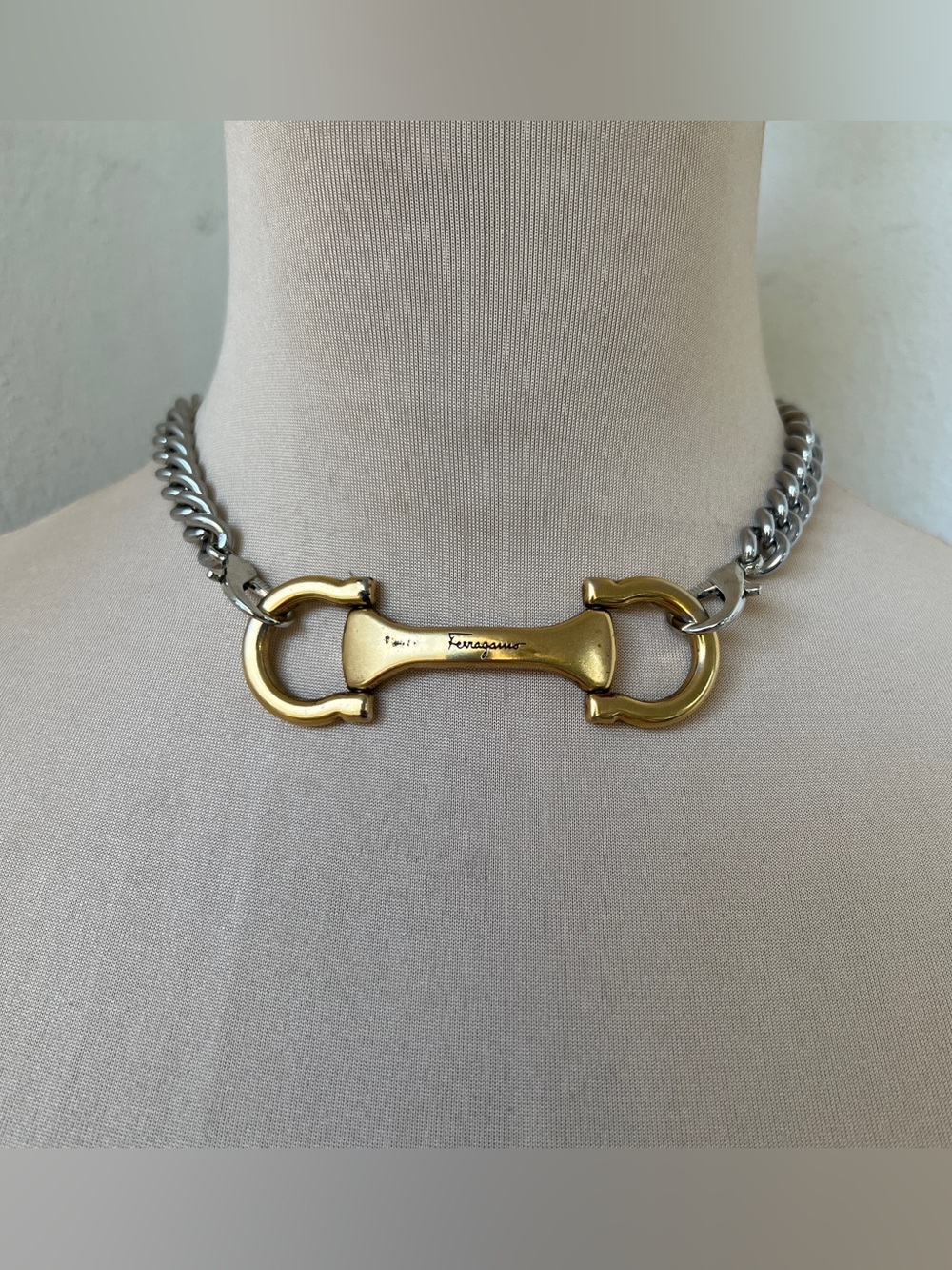 Custom Vintage Ferragamo MCM Brass Horsebit Necklace Two-tone Upcycled 15.75”